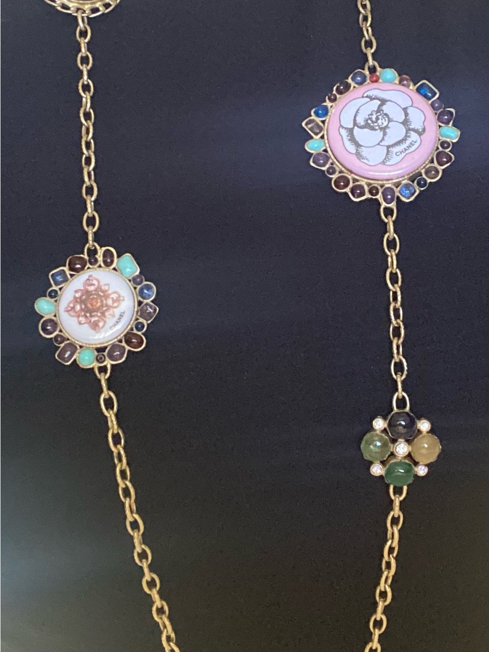 CHANEL Gold-Tone Long Necklace with Pink and White Camellia Medallions